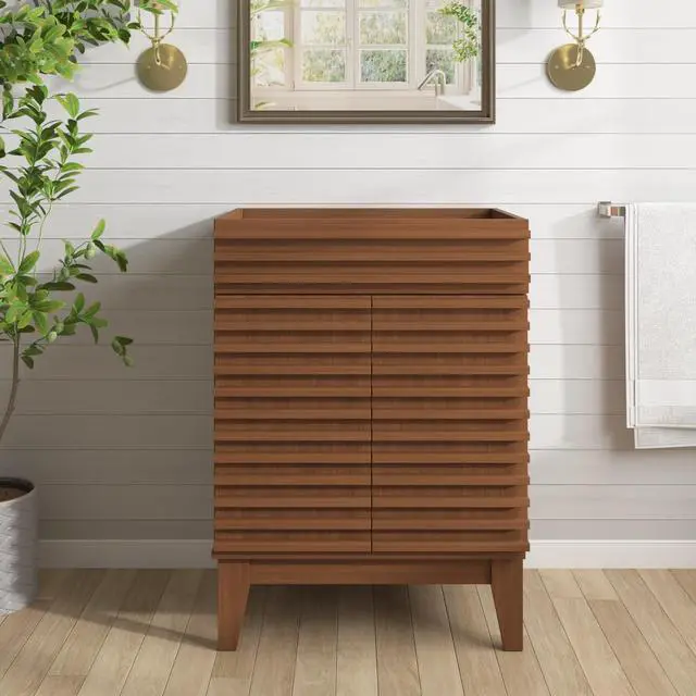 Alt view image 2 of 6 - 24 Inch Bathroom Vanity Base Cabinet, Walnut Freestanding Bathroom Storage Cabinet Base Only, Modern Wood Grain Vanity Cabinet with Solid Wood Legs and Soft Close Doors, Sink Not Included