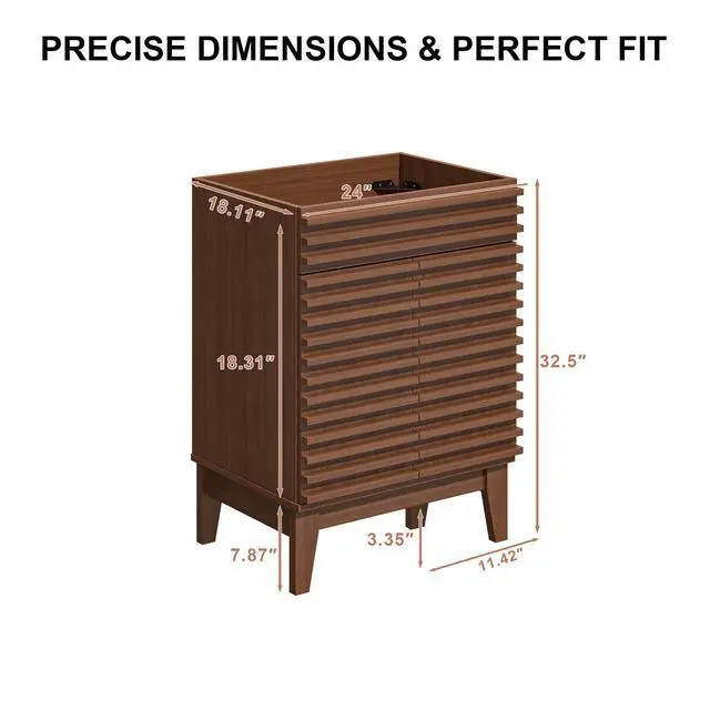 Alt view image 3 of 6 - 24 Inch Bathroom Vanity Base Cabinet, Walnut Freestanding Bathroom Storage Cabinet Base Only, Modern Wood Grain Vanity Cabinet with Solid Wood Legs and Soft Close Doors, Sink Not Included