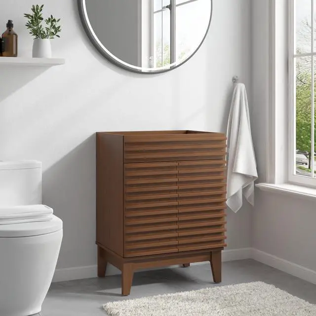 Alt view image 4 of 6 - 24 Inch Bathroom Vanity Base Cabinet, Walnut Freestanding Bathroom Storage Cabinet Base Only, Modern Wood Grain Vanity Cabinet with Solid Wood Legs and Soft Close Doors, Sink Not Included