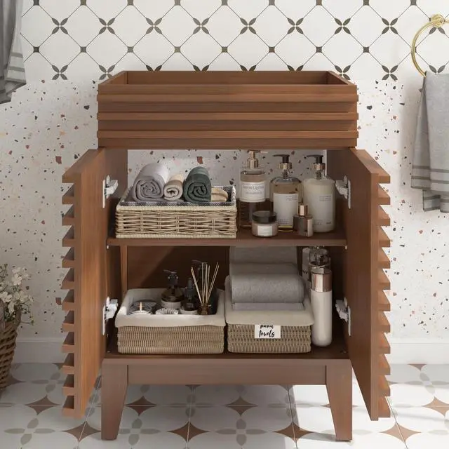 Alt view image 5 of 6 - 24 Inch Bathroom Vanity Base Cabinet, Walnut Freestanding Bathroom Storage Cabinet Base Only, Modern Wood Grain Vanity Cabinet with Solid Wood Legs and Soft Close Doors, Sink Not Included