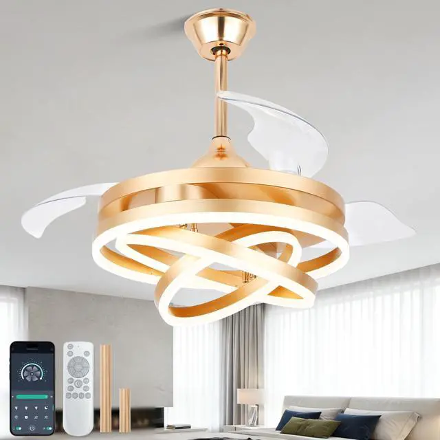Main image of Retractable Ceiling Fan with Lights and Remote, 42" Retractable Fan Ceiling Light, 6-Speed DC Motor, Reversible Blades, Remote Control, Timing Option, Silent Noiseless for Room (Gold)