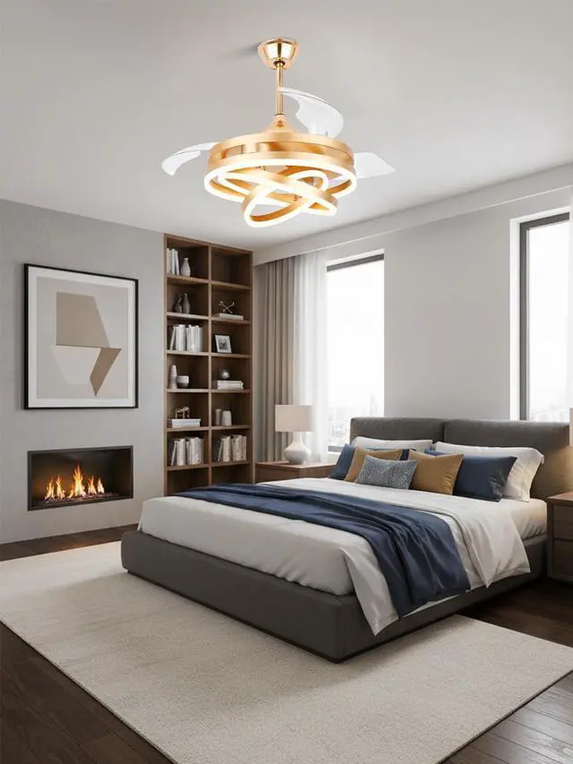 Alt view image 2 of 6 - Retractable Ceiling Fan with Lights and Remote, 42" Retractable Fan Ceiling Light, 6-Speed DC Motor, Reversible Blades, Remote Control, Timing Option, Silent Noiseless for Room (Gold)