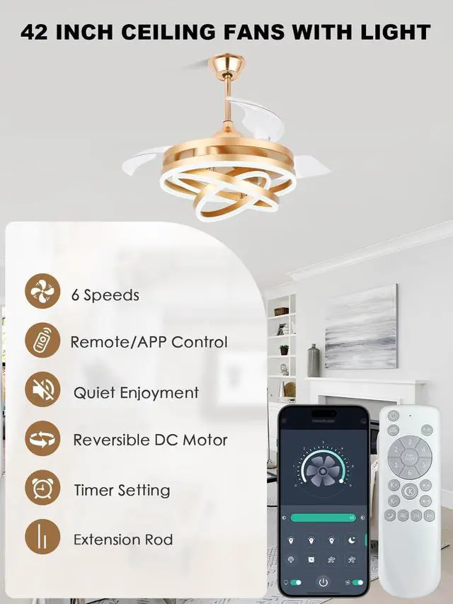 Alt view image 3 of 6 - Retractable Ceiling Fan with Lights and Remote, 42" Retractable Fan Ceiling Light, 6-Speed DC Motor, Reversible Blades, Remote Control, Timing Option, Silent Noiseless for Room (Gold)