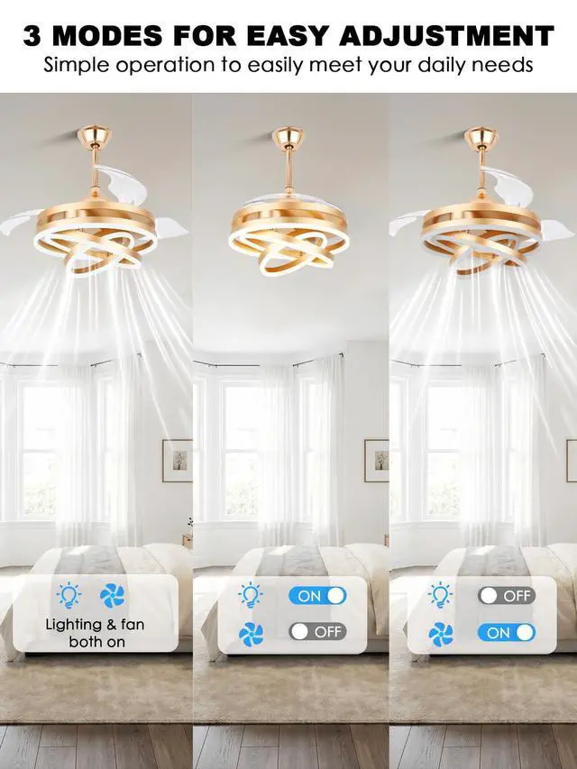 Alt view image 4 of 6 - Retractable Ceiling Fan with Lights and Remote, 42" Retractable Fan Ceiling Light, 6-Speed DC Motor, Reversible Blades, Remote Control, Timing Option, Silent Noiseless for Room (Gold)
