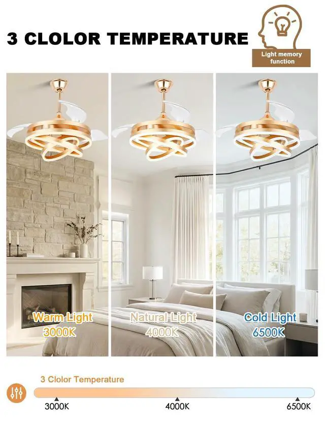 Alt view image 6 of 6 - Retractable Ceiling Fan with Lights and Remote, 42" Retractable Fan Ceiling Light, 6-Speed DC Motor, Reversible Blades, Remote Control, Timing Option, Silent Noiseless for Room (Gold)