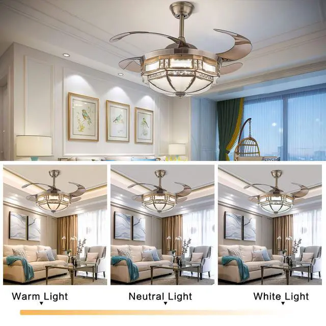 Alt view image 2 of 6 - 42 Inch Vintage Ceiling Fan Light, Tiffany Style Dimmable Chandelier Fan with Controller 3-Color Lighting 3-Speed Retractable Blades for Bedroom Living Room (Gold)