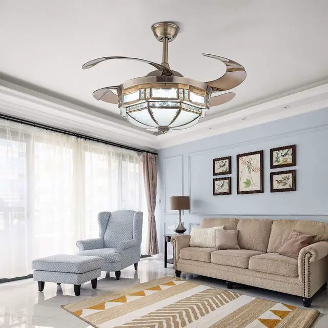 Alt view image 3 of 6 - 42 Inch Vintage Ceiling Fan Light, Tiffany Style Dimmable Chandelier Fan with Controller 3-Color Lighting 3-Speed Retractable Blades for Bedroom Living Room (Gold)
