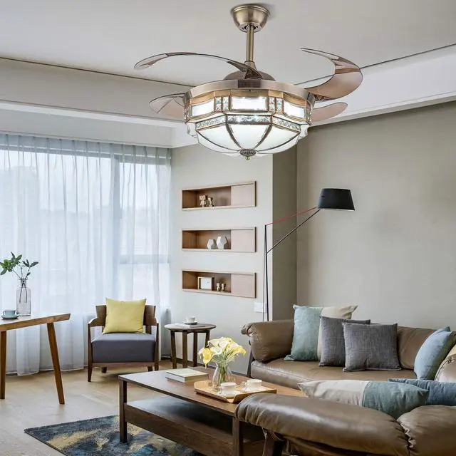 Alt view image 5 of 6 - 42 Inch Vintage Ceiling Fan Light, Tiffany Style Dimmable Chandelier Fan with Controller 3-Color Lighting 3-Speed Retractable Blades for Bedroom Living Room (Gold)