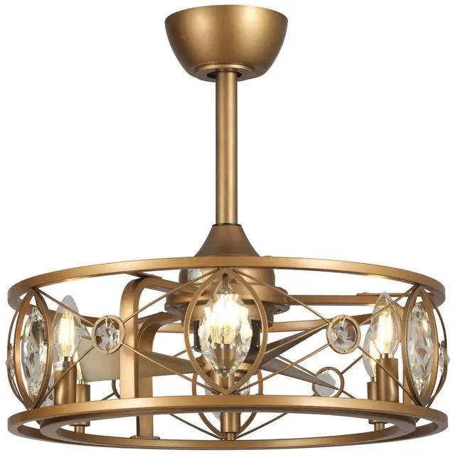 Main image of 22-Inch Antique Brass Crystal Caged Ceiling Fan with Lights and Remote, Modern Drum Fandelier with Reversible AC Motor, Luxury Enclosed Flush Mount Ceiling Fan for Bedroom Living Room