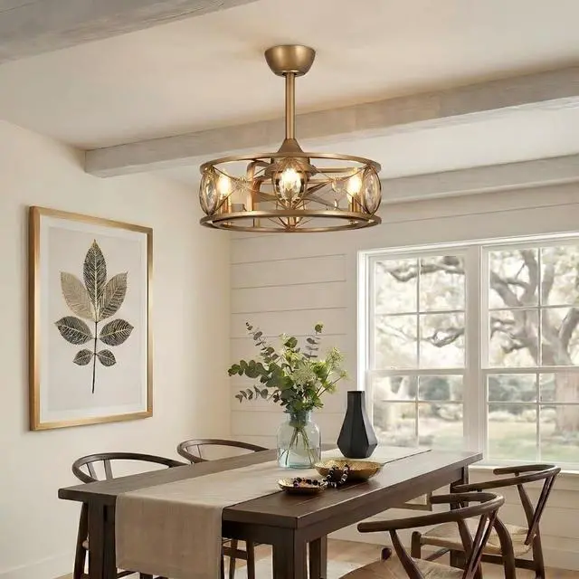Alt view image 2 of 6 - 22-Inch Antique Brass Crystal Caged Ceiling Fan with Lights and Remote, Modern Drum Fandelier with Reversible AC Motor, Luxury Enclosed Flush Mount Ceiling Fan for Bedroom Living Room