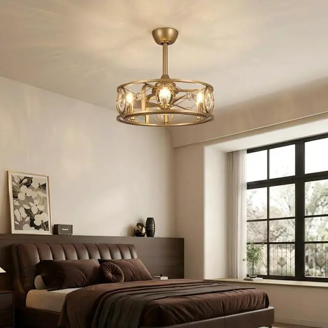Alt view image 3 of 6 - 22-Inch Antique Brass Crystal Caged Ceiling Fan with Lights and Remote, Modern Drum Fandelier with Reversible AC Motor, Luxury Enclosed Flush Mount Ceiling Fan for Bedroom Living Room