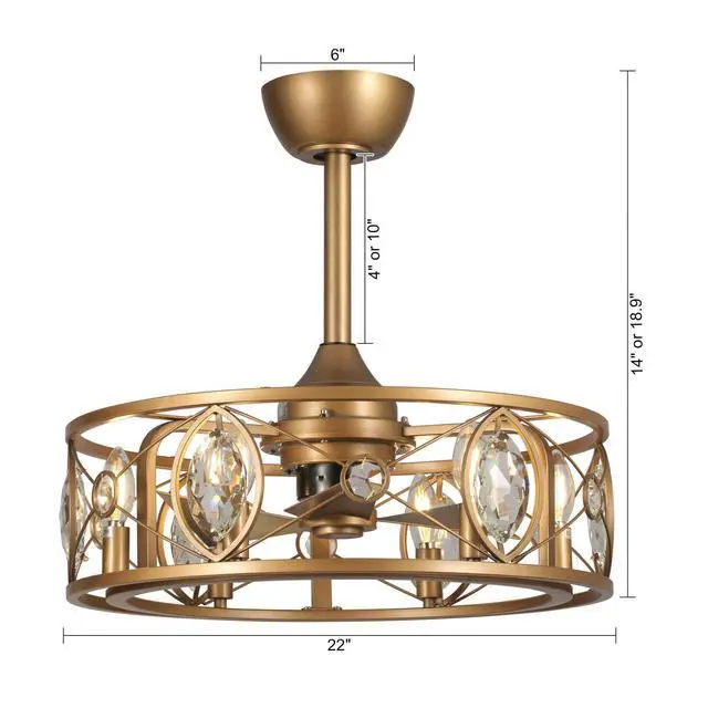Alt view image 5 of 6 - 22-Inch Antique Brass Crystal Caged Ceiling Fan with Lights and Remote, Modern Drum Fandelier with Reversible AC Motor, Luxury Enclosed Flush Mount Ceiling Fan for Bedroom Living Room