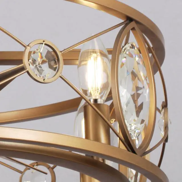 Alt view image 6 of 6 - 22-Inch Antique Brass Crystal Caged Ceiling Fan with Lights and Remote, Modern Drum Fandelier with Reversible AC Motor, Luxury Enclosed Flush Mount Ceiling Fan for Bedroom Living Room