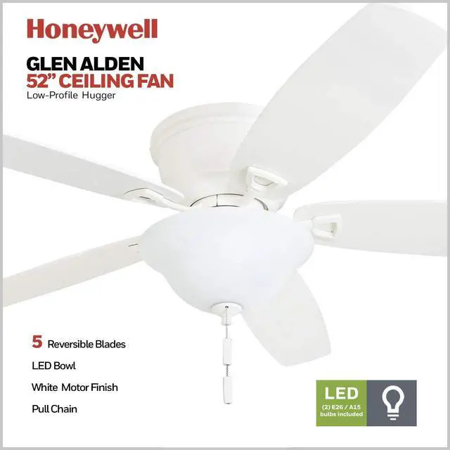 Alt view image 3 of 6 - Glen Alden 52 Inch Indoor LED Ceiling Fan with Bowl Light, Pull Chain Control, 5 Dual-Finish Blades, Quiet Reversible Motor, White