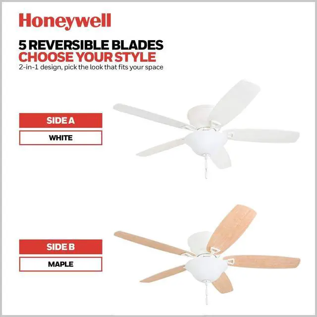 Alt view image 4 of 6 - Glen Alden 52 Inch Indoor LED Ceiling Fan with Bowl Light, Pull Chain Control, 5 Dual-Finish Blades, Quiet Reversible Motor, White