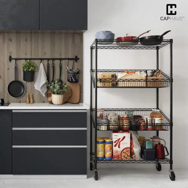 Alt view image 2 of 6 - NSF Commercial Heavy Duty 4 Tier Wire Shelving with Two Trapezoid Baskets, Wheels, Leveling Feet, Black Storage Shelf for Basement Garage and Utility Storage