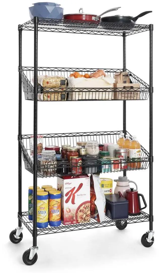 Alt view image 4 of 6 - NSF Commercial Heavy Duty 4 Tier Wire Shelving with Two Trapezoid Baskets, Wheels, Leveling Feet, Black Storage Shelf for Basement Garage and Utility Storage