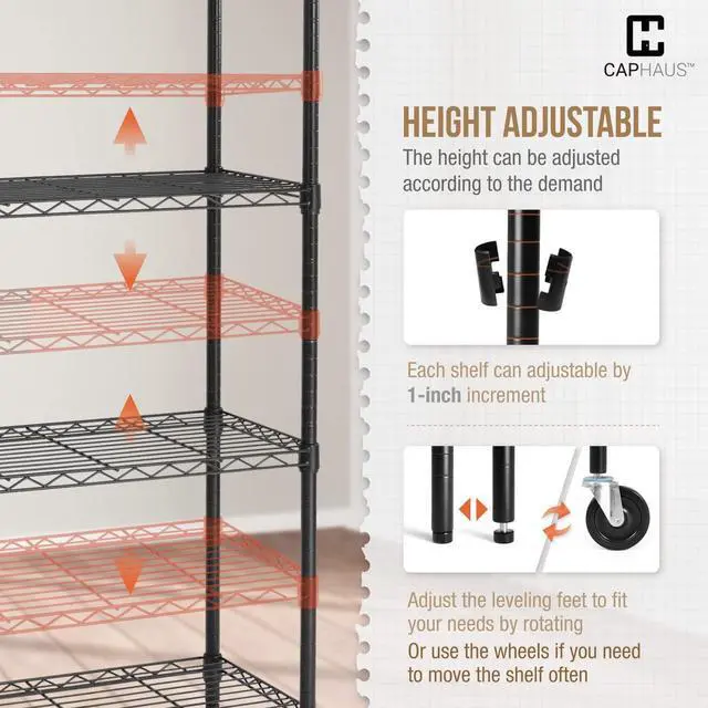Alt view image 5 of 6 - NSF Commercial Heavy Duty 4 Tier Wire Shelving with Two Trapezoid Baskets, Wheels, Leveling Feet, Black Storage Shelf for Basement Garage and Utility Storage