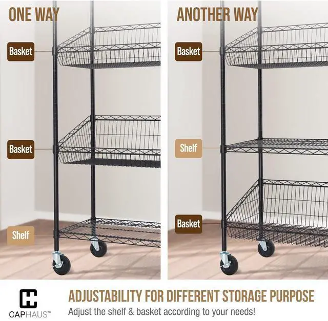 Alt view image 6 of 6 - NSF Commercial Heavy Duty 4 Tier Wire Shelving with Two Trapezoid Baskets, Wheels, Leveling Feet, Black Storage Shelf for Basement Garage and Utility Storage