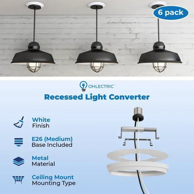 Alt view image 2 of 6 - Recessed Can Light Conversion Kit to Pendant Lights Medium Base Converter Compatible with 4-6 Recessed Can Lights Ideal for Kitchens, Bedrooms, Offices, and Damp Locations - 6 Pack
