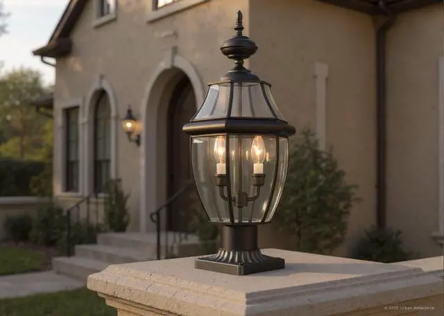 Alt view image 2 of 6 - Luxury Colonial Outdoor Post Light, Large Size: 21" H x 11" W, with Tudor Style Elements, Versatile Design, High-End Black Silk Finish and Beveled Glass, UQL1148