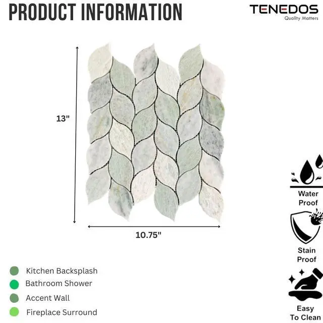 Alt view image 4 of 6 - Ming Green Greyish Petal Marble Polished Floor Wall Tile for Kitchen Backsplash, Bathroon Shower, Fireplace Surround, Decor Accent Wall (Box of 5 Sheets)