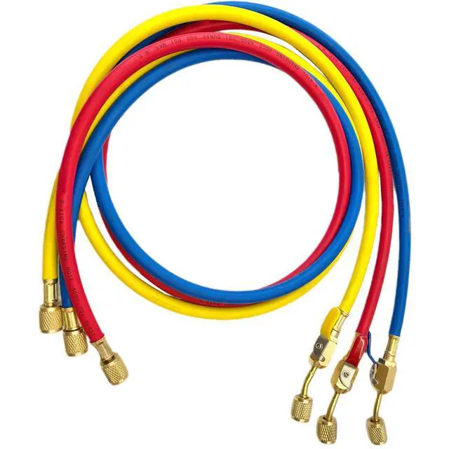 Alt view image 2 of 5 - Refrigerant Charging Hose with Ball Valves for R410A R134A R22 Refrigerant Charging Hoses, 1/4'' SAE Hose Set 800 PSI Red/Yellow/Blue (3pcs)
