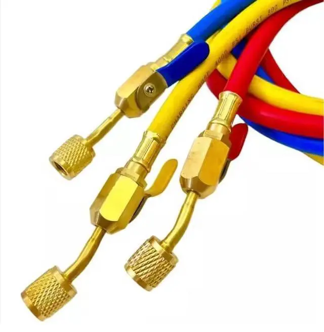 Alt view image 5 of 5 - Refrigerant Charging Hose with Ball Valves for R410A R134A R22 Refrigerant Charging Hoses, 1/4'' SAE Hose Set 800 PSI Red/Yellow/Blue (3pcs)