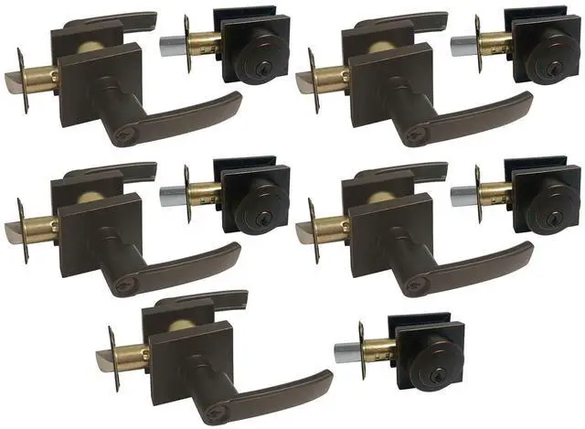 Main image of Dark Oil Rubbed Bronze Square Straight Corner Plate Entry Entrance keyed Levers with Matching Single Cylinder Deadbolts Combo Keyed Alike 8048DBR (5 Set)