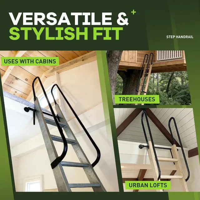 Alt view image 4 of 6 - Step Handrail Ladder Handrail Grab Bar Climber 60" Length, 9" Stand-Off for Indoor/Outdoor Universal Fit for Metal & Wood Ladders Steel Safety Grab Bar Powder Coated