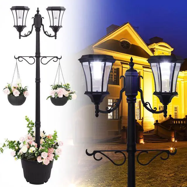 Alt view image 2 of 2 - Solar Lamp Post Light, 7 Ft. Outdoor Two Head Solar Post Light for Patio, Driveway, Lawn or Garden, 80 Lumens, Martens Design in Black