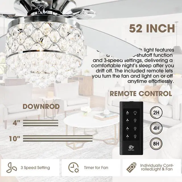 Alt view image 3 of 6 - Fandelier Ceiling Fan with Light 52 Inch Crystal Chandelier Ceiling Fan Remote Control, Quiet Reversible Motor, House Fans Indoor for Living Room