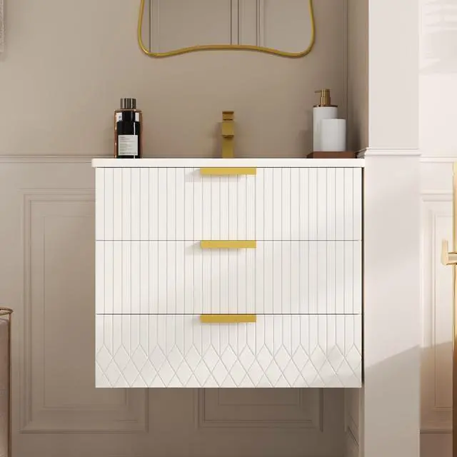 Main image of 24 Inch Floating Bathroom Vanity Cabinet with Sink, Modern Fluted Wall Mounted Bathroom Vanity with 2 Drawer, Gold Metal Pulls, Single Sink Vanity Top