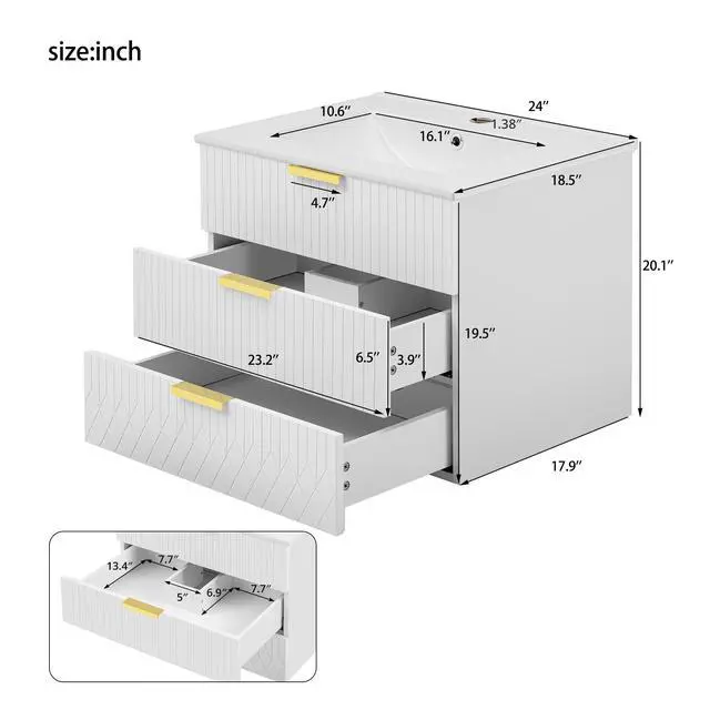 Alt view image 2 of 6 - 24 Inch Floating Bathroom Vanity Cabinet with Sink, Modern Fluted Wall Mounted Bathroom Vanity with 2 Drawer, Gold Metal Pulls, Single Sink Vanity Top