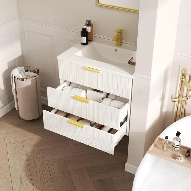 Alt view image 3 of 6 - 24 Inch Floating Bathroom Vanity Cabinet with Sink, Modern Fluted Wall Mounted Bathroom Vanity with 2 Drawer, Gold Metal Pulls, Single Sink Vanity Top