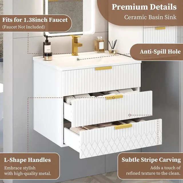 Alt view image 4 of 6 - 24 Inch Floating Bathroom Vanity Cabinet with Sink, Modern Fluted Wall Mounted Bathroom Vanity with 2 Drawer, Gold Metal Pulls, Single Sink Vanity Top