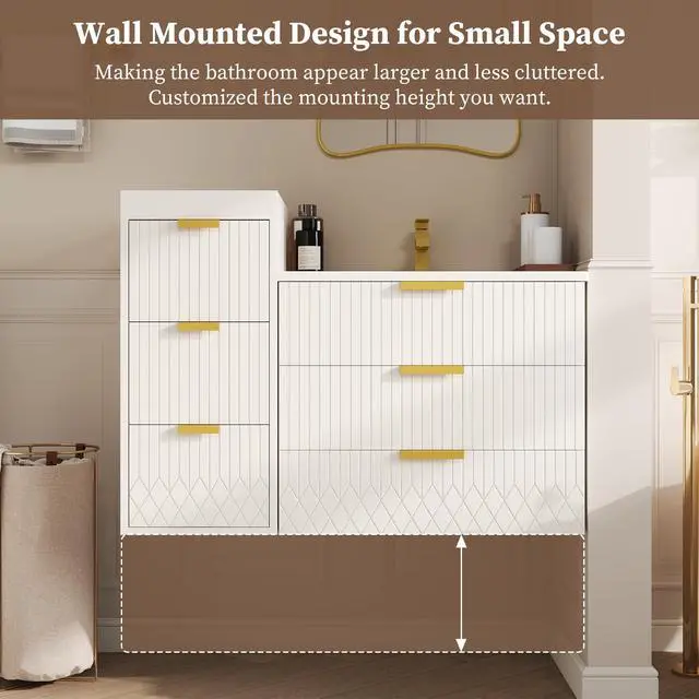 Alt view image 5 of 6 - 24 Inch Floating Bathroom Vanity Cabinet with Sink, Modern Fluted Wall Mounted Bathroom Vanity with 2 Drawer, Gold Metal Pulls, Single Sink Vanity Top