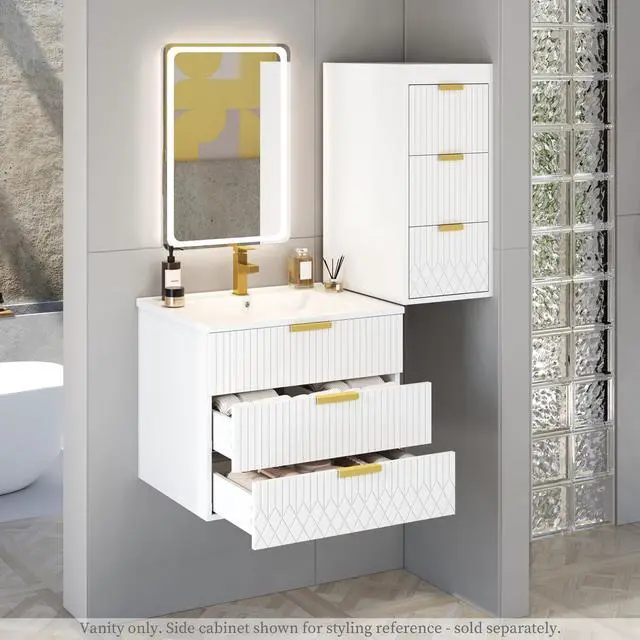 Alt view image 6 of 6 - 24 Inch Floating Bathroom Vanity Cabinet with Sink, Modern Fluted Wall Mounted Bathroom Vanity with 2 Drawer, Gold Metal Pulls, Single Sink Vanity Top