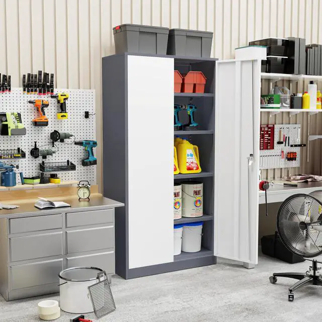 Alt view image 2 of 6 - Metal Storage Cabinet Tool Organizer, 72" Lockable Garage Storage Tool Cabinets with 2 Doors and 4 Adjustable Shelves, Locking File Cabinet for Office, Home, School (72 Standard-GreyWhite)