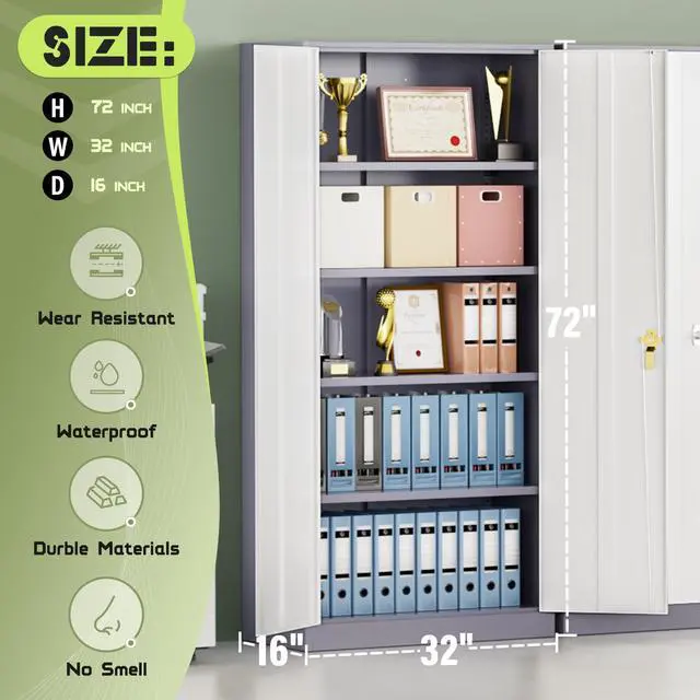Alt view image 3 of 6 - Metal Storage Cabinet Tool Organizer, 72" Lockable Garage Storage Tool Cabinets with 2 Doors and 4 Adjustable Shelves, Locking File Cabinet for Office, Home, School (72 Standard-GreyWhite)