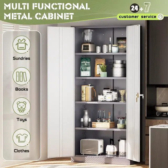 Alt view image 6 of 6 - Metal Storage Cabinet Tool Organizer, 72" Lockable Garage Storage Tool Cabinets with 2 Doors and 4 Adjustable Shelves, Locking File Cabinet for Office, Home, School (72 Standard-GreyWhite)