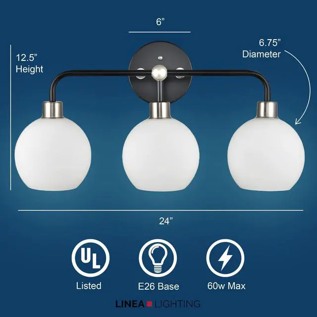 Alt view image 2 of 3 - Lukasa Modern Bathroom Vanity Lights Fixtures 3-Lights Over Mirror Lighting Black with Brushed Nickel Vanity Lights for Bathroom Light Fixtures Frosted Glass Covers, UL Listed