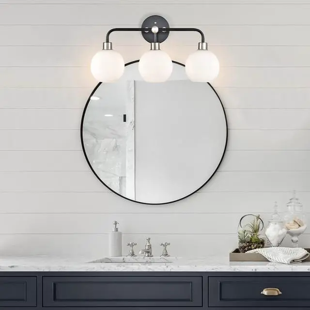 Alt view image 3 of 3 - Lukasa Modern Bathroom Vanity Lights Fixtures 3-Lights Over Mirror Lighting Black with Brushed Nickel Vanity Lights for Bathroom Light Fixtures Frosted Glass Covers, UL Listed