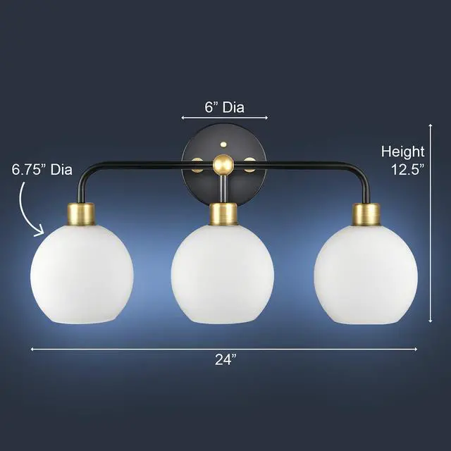 Alt view image 3 of 3 - Lukasa Modern Bathroom Vanity Lights Fixtures 3-Lights Over Mirror Lighting Matte Black and Gold Vanity Lights for Bathroom Light Fixtures Frosted Glass Covers, UL Listed
