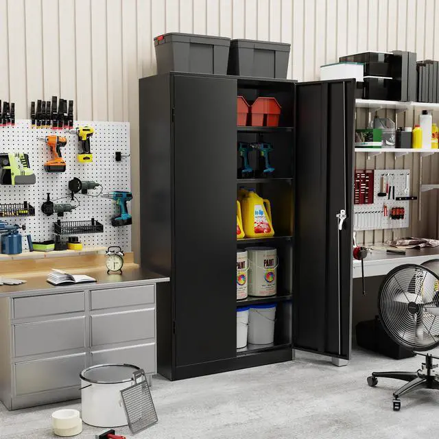 Alt view image 2 of 6 - 72" Metal Storage Cabinet Tool Organizer, Lockable Garage Storage Tool Cabinets for Office, Home, School, Locking File Cabinet with 2 Doors and 4 Adjustable Shelves (72 Wide-Black)