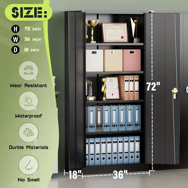 Alt view image 3 of 6 - 72" Metal Storage Cabinet Tool Organizer, Lockable Garage Storage Tool Cabinets for Office, Home, School, Locking File Cabinet with 2 Doors and 4 Adjustable Shelves (72 Wide-Black)