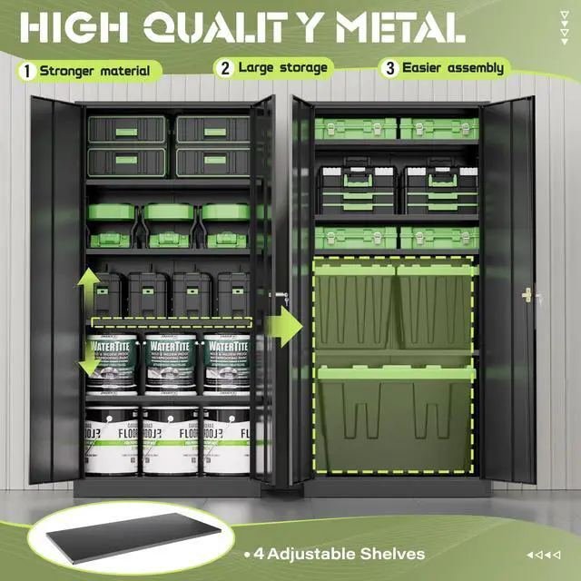 Alt view image 6 of 6 - 72" Metal Storage Cabinet Tool Organizer, Lockable Garage Storage Tool Cabinets for Office, Home, School, Locking File Cabinet with 2 Doors and 4 Adjustable Shelves (72 Wide-Black)