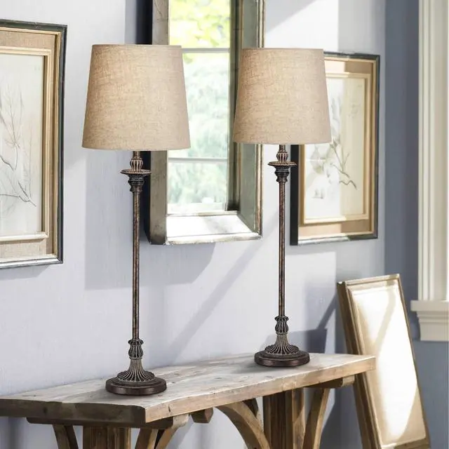 Alt view image 2 of 6 - Bentley Traditional French Country Style Buffet Table Lamps 31.5" Tall Skinny Set of 2 Weathered Brown Ridged Linen Fabric Tapered Drum Shade Decor for Living Room House Home Dining