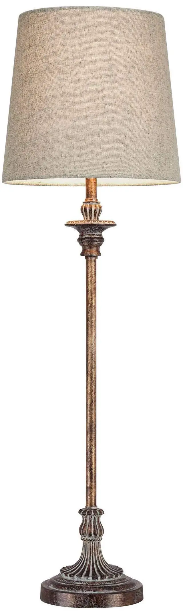 Alt view image 3 of 6 - Bentley Traditional French Country Style Buffet Table Lamps 31.5" Tall Skinny Set of 2 Weathered Brown Ridged Linen Fabric Tapered Drum Shade Decor for Living Room House Home Dining