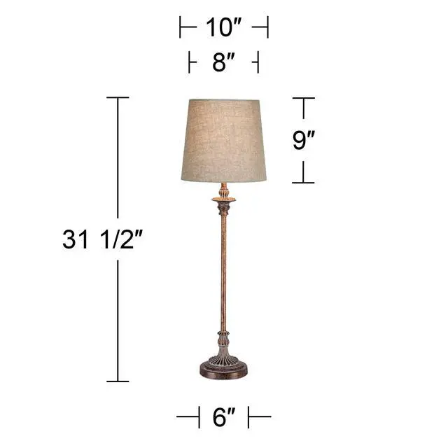 Alt view image 4 of 6 - Bentley Traditional French Country Style Buffet Table Lamps 31.5" Tall Skinny Set of 2 Weathered Brown Ridged Linen Fabric Tapered Drum Shade Decor for Living Room House Home Dining